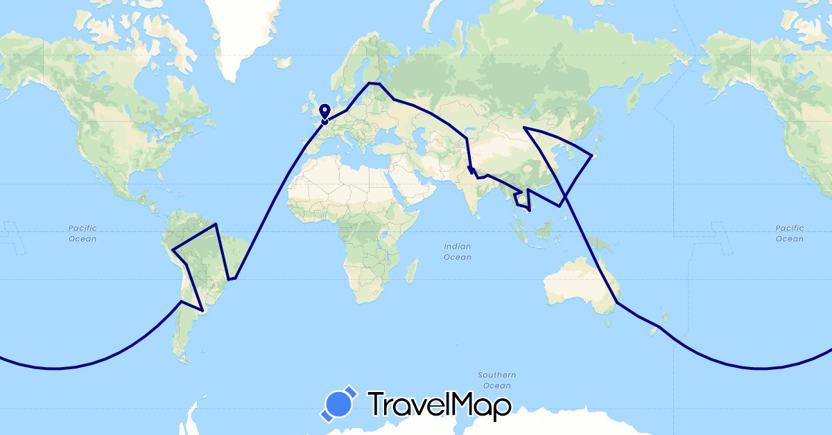 TravelMap itinerary: driving in Argentina, Australia, Bolivia, Brazil, Chile, Germany, Finland, France, French Guiana, India, Japan, Kyrgyzstan, Cambodia, Laos, Mongolia, Nepal, New Zealand, Peru, Philippines, Russia, Thailand, Vietnam (Asia, Europe, Oceania, South America)